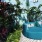 seating by a pool in front of a mural